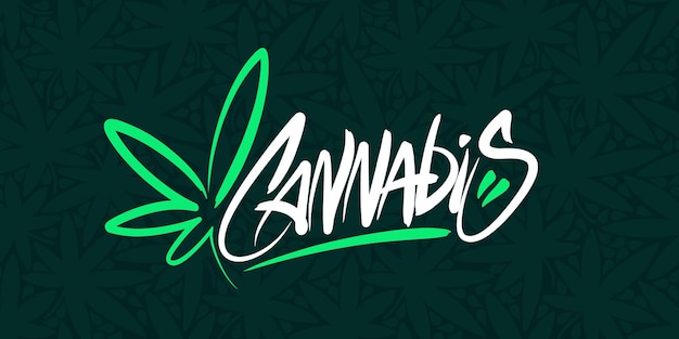 Graffiti Style Abstract Hand Written Word Cannabis With Cannabis Leaf Vector Illustration Art