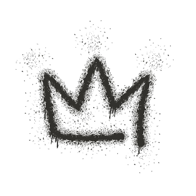 Corona in stile graffiti con overspray in nero su bianco icona del logo della corona spruzzata con spruzzi di perdite