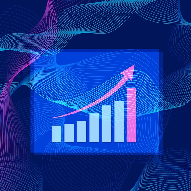 Grafiek groei staafdiagram met rode pijl en abstracte fijne geometrie op donkerblauwe achtergrond