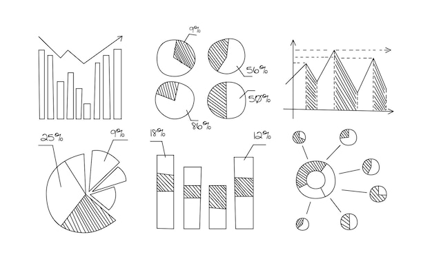 Vector grafieken diagrammen grafieken pijlen monochroom hand getrokken infographic elementen bedrijfseconomische en financiële sjablonen vector illustratie geïsoleerd op een witte achtergrond