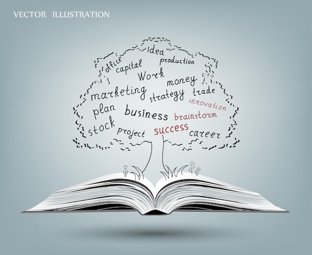 Vector grafieken en grafieken business strategie plan concept idee tekenen op een open boek handschrift