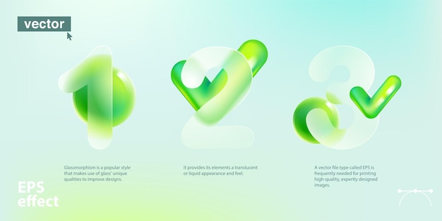 Grafiekinfographics met 3 stappen in glassmorphism-stijl met vinkjepictogram en groene bol Ecovriendelijke 3d tik