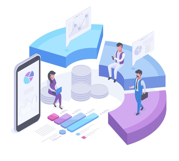 Grafiekstatistieken analyse isometrische mensen met zakelijke diagram vectorillustratie