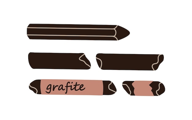 Grafiet, houtskool, carbon black sticks voor schetsen, tekenen. Gebruikte gebroken steenkoolpotloden om te schilderen. Kunstbenodigdheden, briefpapier. Platte vectorillustratie geïsoleerd op een witte achtergrond.