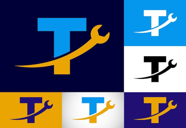 Grafisch alfabet T met moersleutel Logo voor mechanische technologie reparatieservice autobedrijf