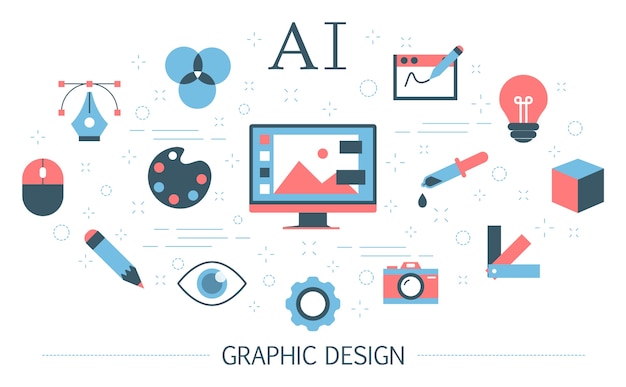 Vector grafisch concept. idee van digitale kunst en creatieve geest. banner voor webpagina. reeks kleurrijke pictogrammen. illustratie