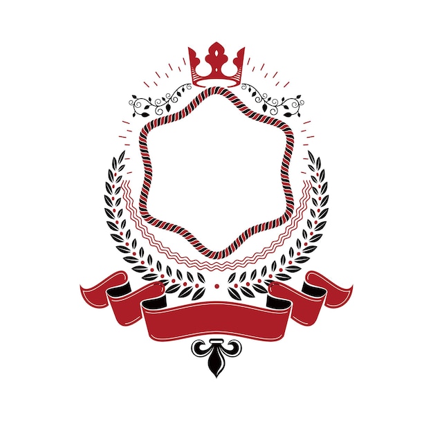 Grafisch embleem gemaakt met keizerskroon, elegant lint en lauwerkrans. Heraldische wapenschild, vintage vector logo.