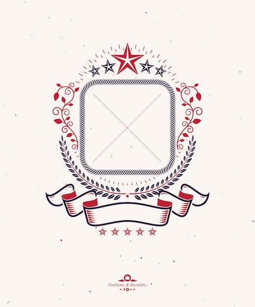 Grafisch embleem gemaakt met lege kopieerruimte en verschillende elementen zoals ster en lint. Heraldische wapenschild decoratieve logo geïsoleerde vectorillustratie.