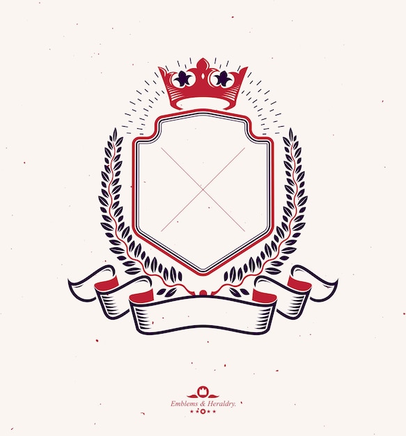 Grafisch embleem gemaakt met oude kroon en lauwerkrans. Heraldische vector design element versierd met lint. Retro-stijl label, heraldiek logo.