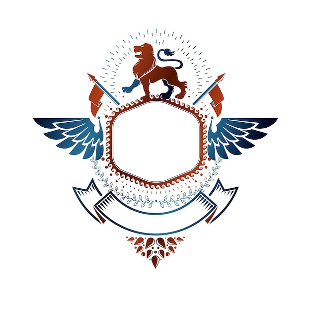 Grafisch embleem samengesteld met Brave Lion King, vlaggen en lint. Heraldische wapenschild decoratieve logo geïsoleerde vectorillustratie.