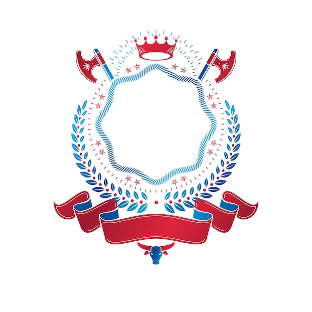Grafisch embleem samengesteld met koninklijk kroonelement, bijlen en luxe lint. Heraldische wapenschild decoratieve logo geïsoleerde vectorillustratie.