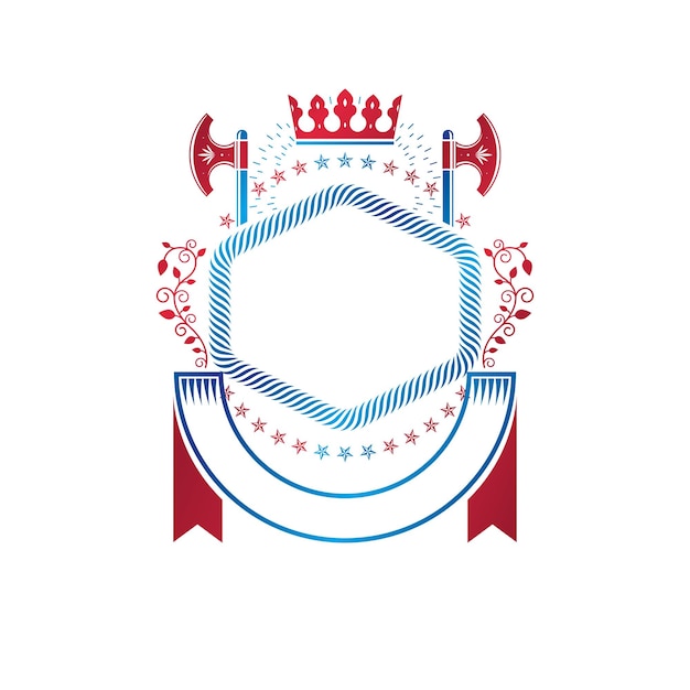 Vector grafisch embleem samengesteld met koninklijk kroonelement, bijlen en luxe lint. heraldische wapenschild decoratieve logo geïsoleerde vectorillustratie.