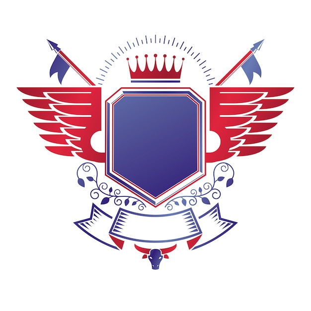 Grafisch gevleugeld embleem gemaakt met keizerskroon, elegant lint en vlaggen. Heraldische wapenschild, vintage vector logo.