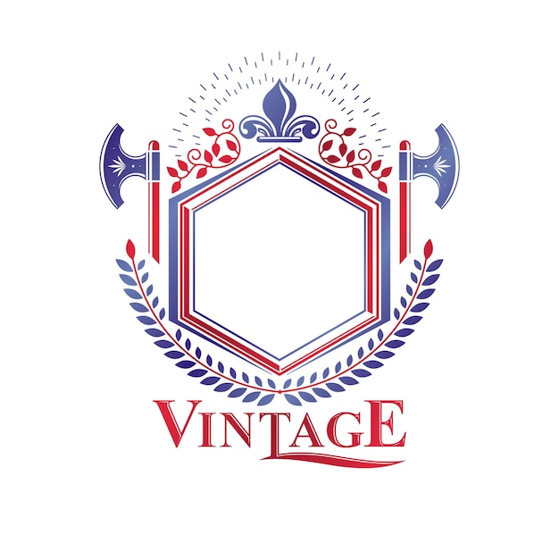 Grafisch gevleugeld embleem samengesteld met koninklijk symbool Lily Flower en scherpe bijlen. Heraldische vector ontwerpelement. Retro-stijl label, heraldiek logo.