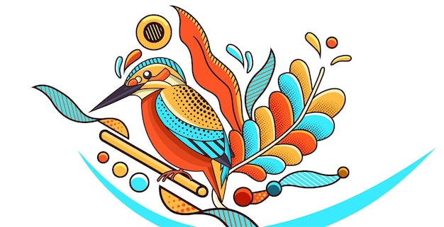 Vector grafisch ontwerp van een vogel met een natuurlijk ornament in vlakke stijl