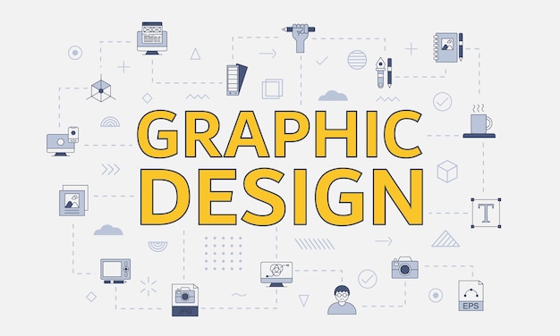 Grafisch ontwerpconcept met pictogrammenset met groot woord of tekst in het midden