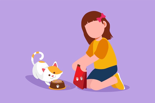 Grafisch plat ontwerp tekenen schattig lachend klein meisje geknield en haar kitten voeden met kattenvoer Mooie jongen zorg voor dieren Kinderen doen huishoudelijk werk thuis Cartoon stijl vectorillustratie