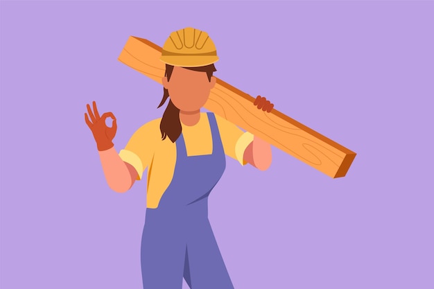 Grafisch plat ontwerp tekenen vrouwelijke timmerman houten plank dragen met goed gebaar en werken in werkplaats houten producten maken Vaardigheden in het gebruik van timmergereedschap Cartoon stijl vectorillustratie