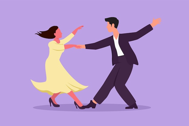 Grafisch plat ontwerp tekening aantrekkelijke mensen dansen salsa jonge man en vrouw in dans paar danser met wals tango en salsa stijl bewegen paar samen dansen cartoon stijl vectorillustratie