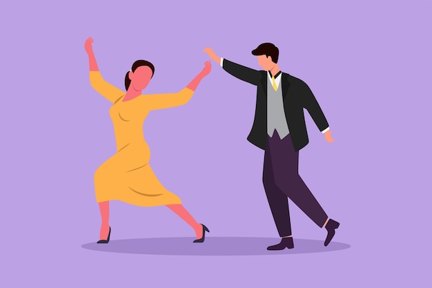 Grafisch plat ontwerp tekening jonge man en vrouw professionele danser paar dansen tango wals dansen op danswedstrijd dansvloer paar dans met elegante stijl cartoon stijl vectorillustratie