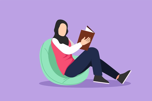 Grafisch plat ontwerp tekening meisje op de bank in de kamer leesboek met rust arabische vrouw leest boek op de bank gezellig thuis meisje zittend op de bank leesboek rusten cartoon stijl vectorillustratie