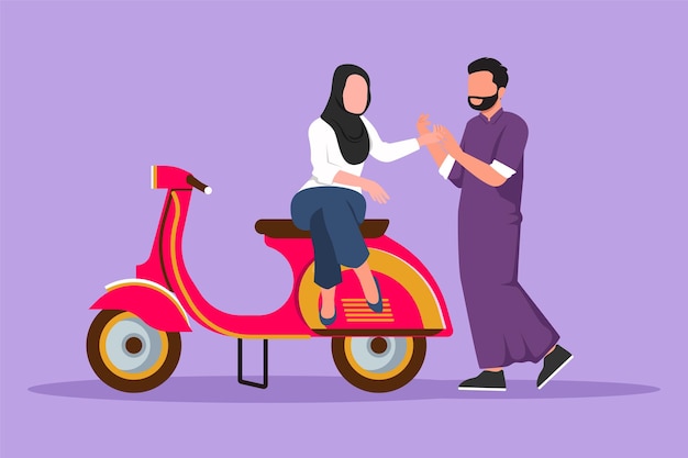 Grafisch plat ontwerp tekening renners paar reis reizen romantische huwelijksreis momenten zitten en praten op motorfiets Arabische man met mooie vrouw rijden scooter Cartoon stijl vectorillustratie