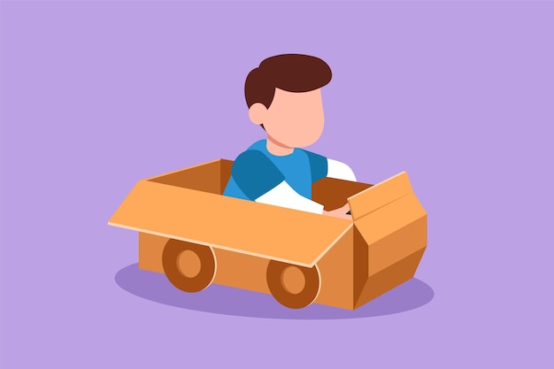 Grafisch plat ontwerp tekening schattig jongetje kartonnen auto rijden Gelukkige kinderen rijden op speelgoedauto gemaakt van karton Creatieve kinderen spelen met zijn kartonnen auto Cartoon stijl vectorillustratie