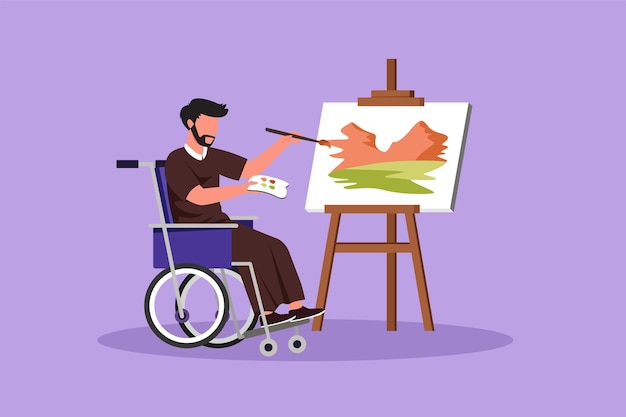 Grafisch plat ontwerp tekening van gehandicapte Arabische man in rolstoel schilderij landschap op canvas Revalidatie fysiotherapie behandeling Lichamelijke handicap activiteit Cartoon stijl vectorillustratie