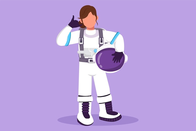 Grafisch plat ontwerp tekening vrouwelijke astronaut permanent met bel me gebaar dragen ruimtepak verkennen aarde maan andere planeten in universum start ruimte expeditie Cartoon stijl vectorillustratie