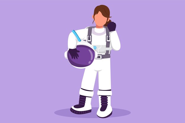 Grafisch plat ontwerp tekening vrouwelijke astronaut permanent met vieren gebaar slijtage ruimtepak verkennen aarde maan andere planeet in het universum Start ruimte expeditie Cartoon stijl vector illustratie