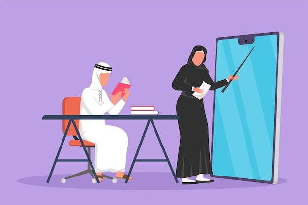 Grafisch plat ontwerp tekening vrouwelijke leraar staande voor smartphone scherm met boek onderwijs Arabische senior middelbare school student zittend op een stoel in de buurt van bureau Cartoon stijl vectorillustratie