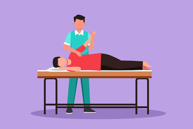 Grafisch plat ontwerp tekening zieke man patiënt liggend op massagetafel therapeut doen genezende behandeling masseren gewonde hand handmatige fysiotherapie revalidatie Cartoon stijl vectorillustratie