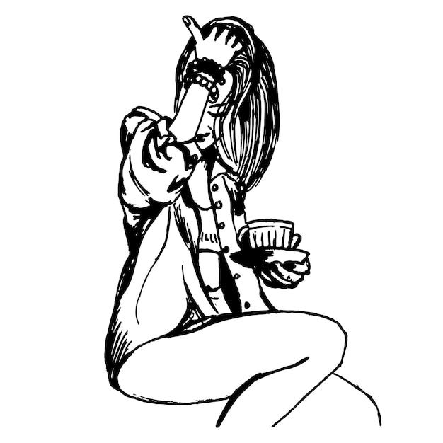 Grafisch silhouet van een meisje in een shirt op de vensterbank met een mok koffie in haar handen