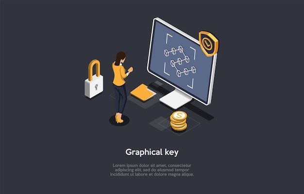 Grafisch sleutelsysteem Ontgrendel conceptillustratie op donkere achtergrond. Cartoon stijl 3D compositie. Isometrische Vector Design. Digitale gegevens- en informatiebeschermingsmethode. Moderne technologie-ideeën.
