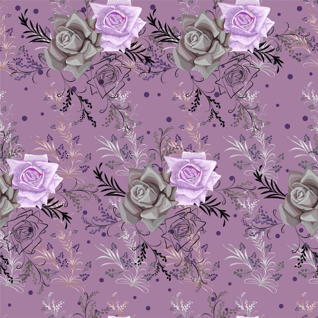 Grafische bloem lijntekeningen en kleine paarse bloemen naadloze patroon