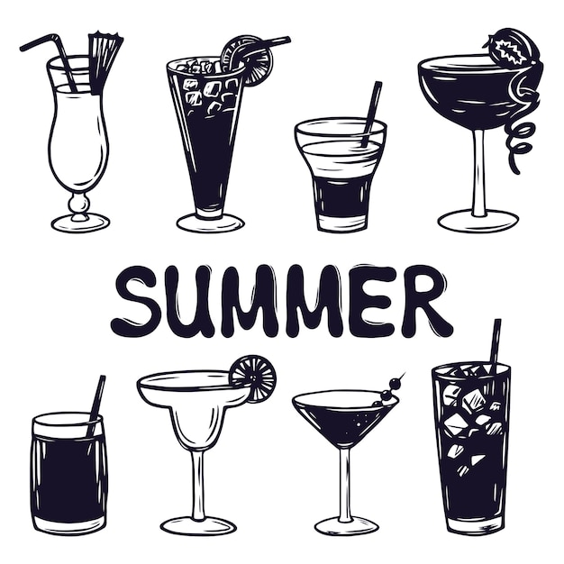 Grafische doodle set van verschillende zomercocktails zomer drankjes vector illustratie set