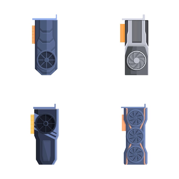 Grafische kaart iconen set cartoon vector Computer grafische kaart met koelventilator