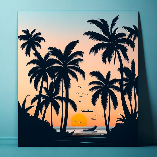 grafische logo illustratie Hawaiiaanse zonsondergang met palmbomen witte effen achtergrond slagschaduw