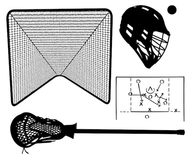 Vector grafische silhouetillustraties van lacrossehelm doelaanval stick en play schaal naar elk formaat