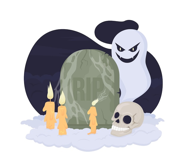 Grafsteen griezelig decor voor halloween 2d vector geïsoleerde illustratie. herfst seizoen griezelige vakantie decoratie. grafsteen met spook. gotische platte scène op cartoon achtergrond. spookachtige kleurrijke scène