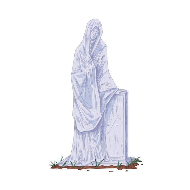 Grafsteen met sculptuur van vrouw in rouw. Vintage grafsteen en gotisch stenen beeld. Christelijke grafsteen van graf. Handgetekende gekleurde vectorillustratie van oude graf geïsoleerd op een witte achtergrond.