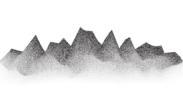 Grain stippled mountains. Dotted landscape and terrain. Black and white grainy hills in dotwork