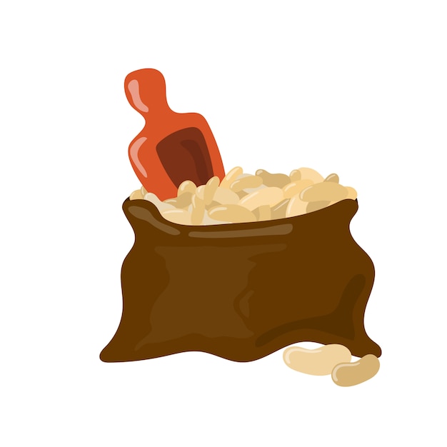 スクープのアイコンが付いている袋の穀物および豆類。白い背景で隔離の漫画イラストを食べる豆