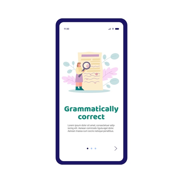 여성이 텍스트 문서를 수정하는 문법 편집기 온보딩 화면. 블로깅 및 카피라이팅 지원 앱, 평면 벡터 일러스트레이션을 위한 사용자 인터페이스.