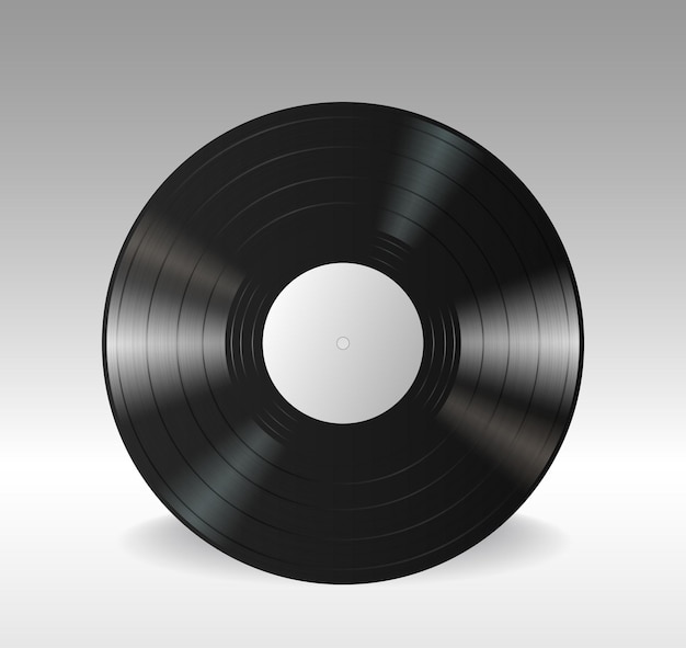 Gramophone vinyl lp record with empty white label. black musical long play album disc isolated on white background. 3d realistic vector illustration