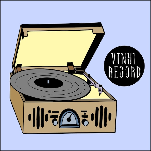 Vettore grammofono con un disco in vinile su una scatola di legno un lettore musicale con dischi in vinile dispositivo retrò anni '50