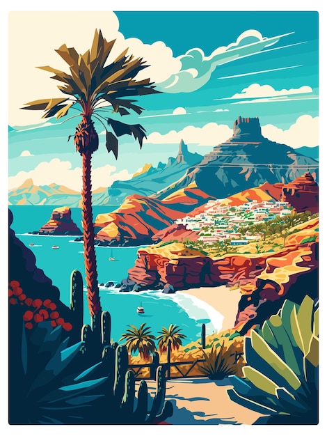 Vettore gran canaria spagna vintage travel poster souvenir postcard ritratto pittura wpa illustrazione