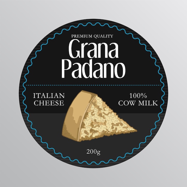 Grana Padano 치즈 라벨 디자인 손으로 그린 벡터 일러스트 레이 션