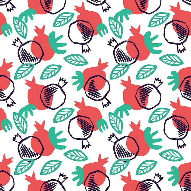 Vector granaatappel naadloos patroon met bladeren. floral vectorillustratie van abstracte doodle en scandinavische vruchten. granaat armeens patroon. de elegante sjabloon voor modeprints.