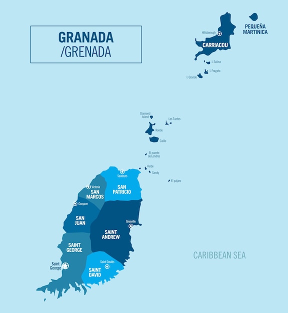Vector granada grenade political map with separated provinces and cities saint george capital city